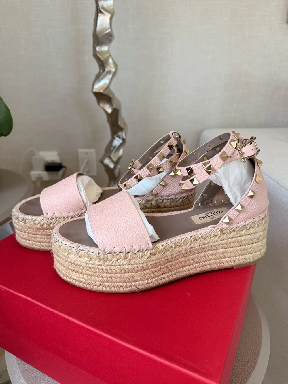 Valentino Garavani Blush Pink Studded Espadrille Platform Sandal